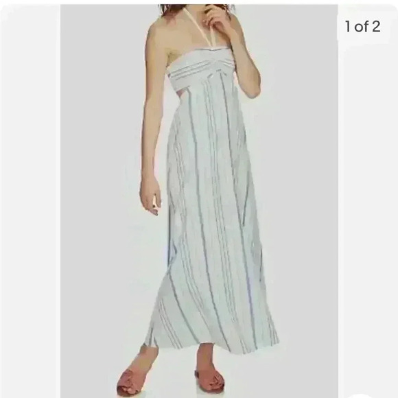1.State Maxi Dress Blue White Stripes Halter top Sz S - worn once to an event - Picture 1 of 5